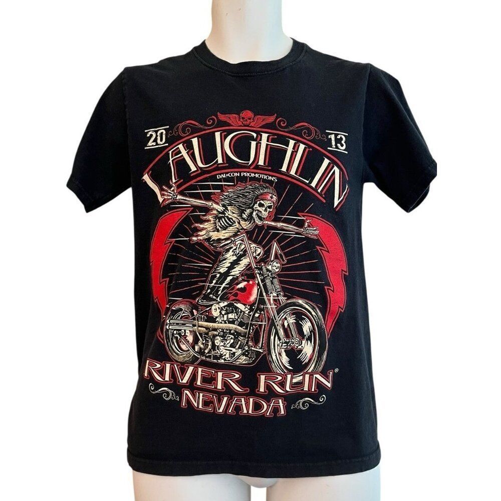 Mens Small Laughlin Nevada 2013 River Run Skeleton on Mororcycle T Shirt